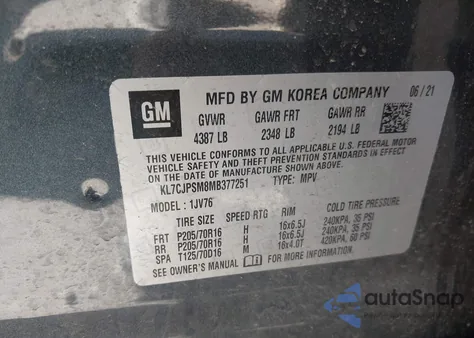 2021 Chevrolet Trax Awd Lt z USA, uszkodzony, nr VIN KL7CJPSM8MB377251